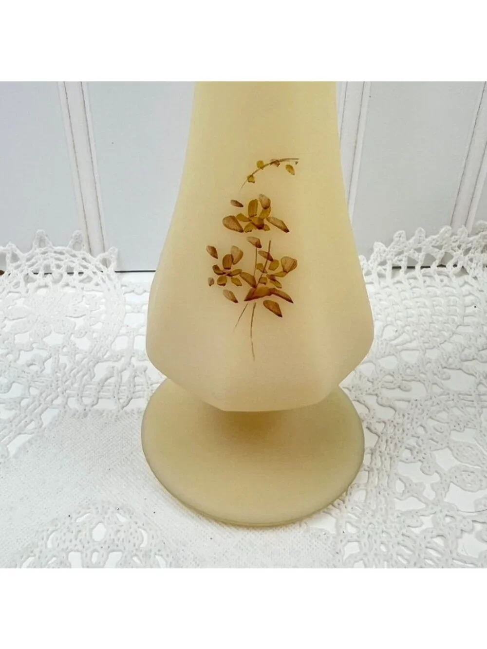 Fenton Custard Glass Satin Pedestal Swung Bud Vase Hand Painted Artist Signed